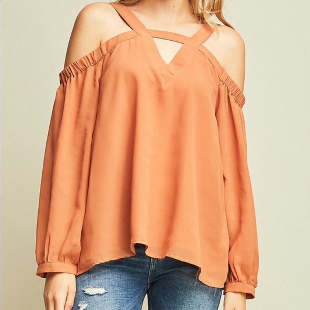 Tan Cold Shoulder Shear Long Sleeve Top